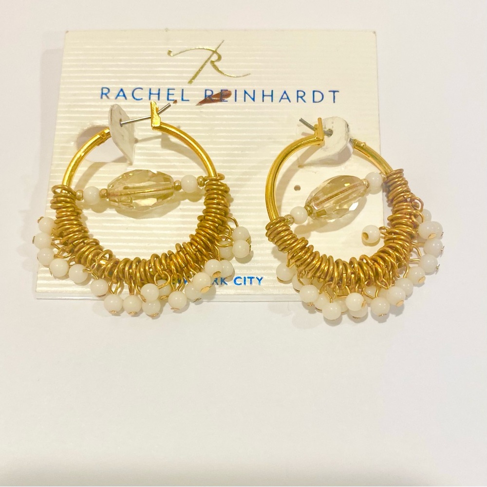 NWT Rachel Reinhardt 🎁 gold beaded crystal hoop earrings